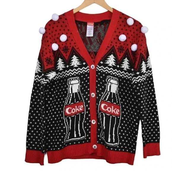 Coca Cola Ugly Christmas Cardigan Sweater Coke Polar Bears Red Black Size Small - Picture 3 of 11